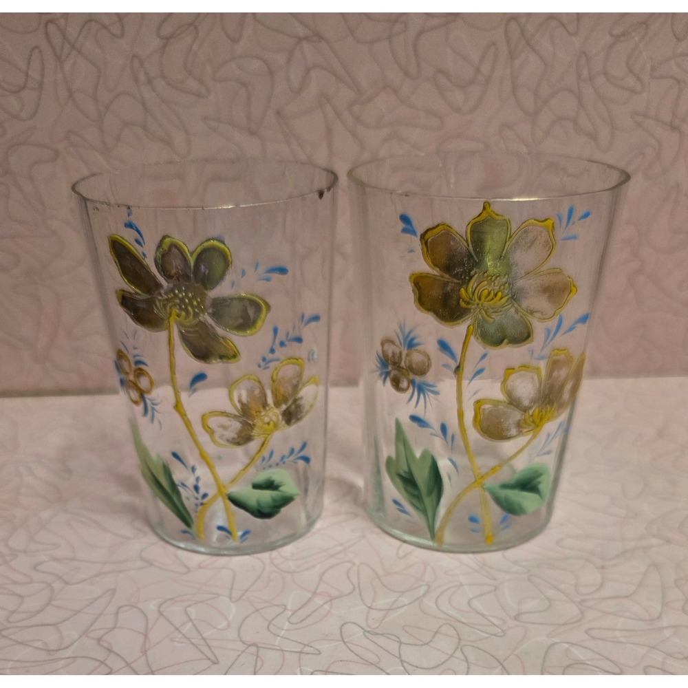 Vintage Hand Painted Floral Glass Tumblers Set of 2 Mid Century Flower Glasses